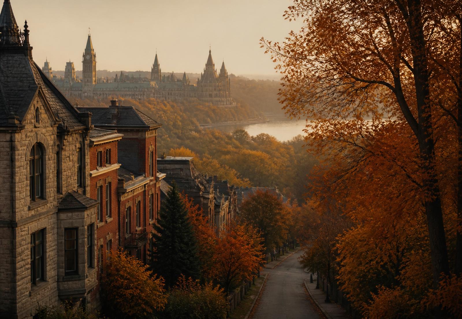 Heritage Ottawa street at golden hour with autumn maples and river valley